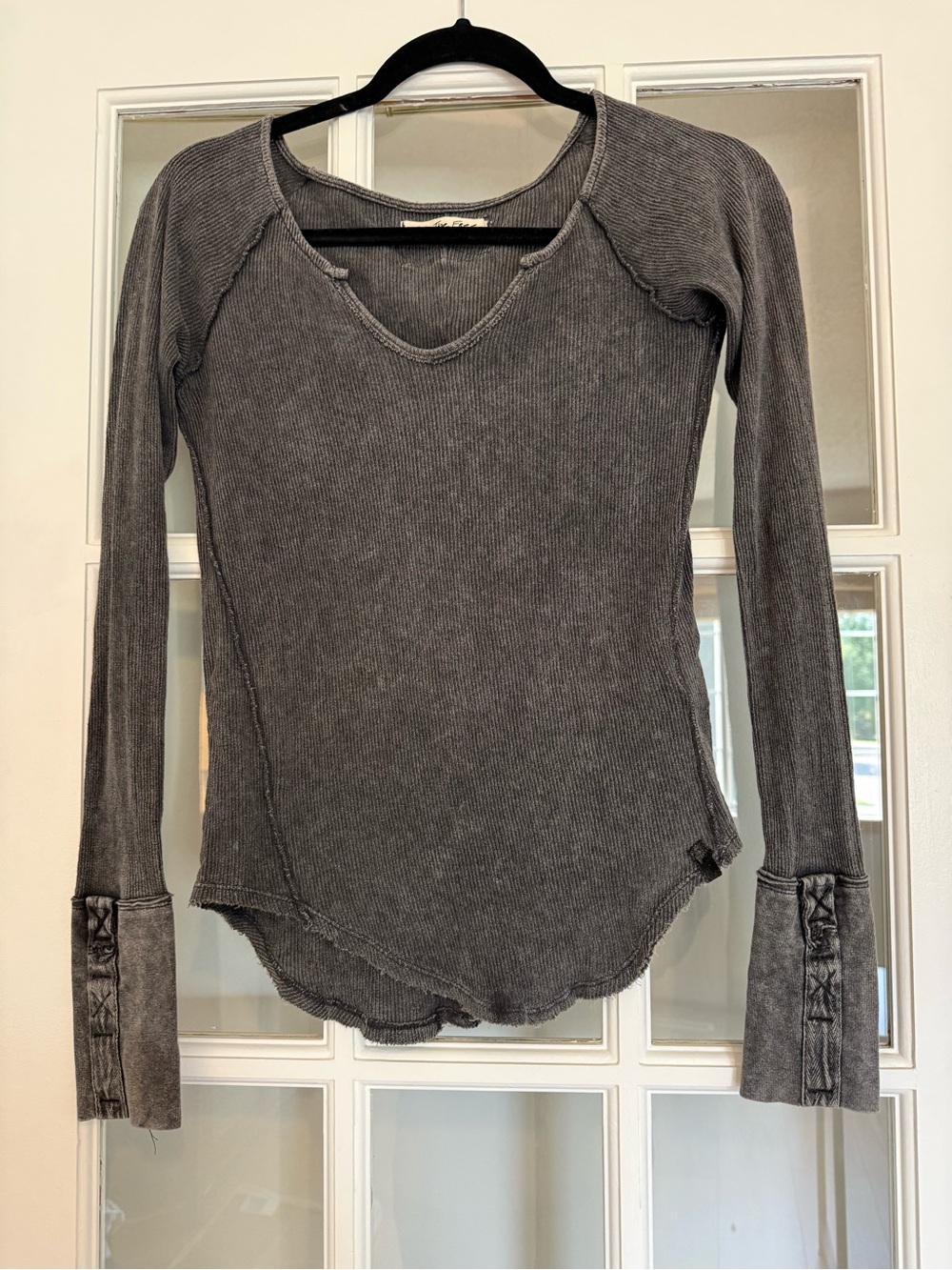 We The Free Long Sleeve Ribbed V-Neck Top in Charcoal